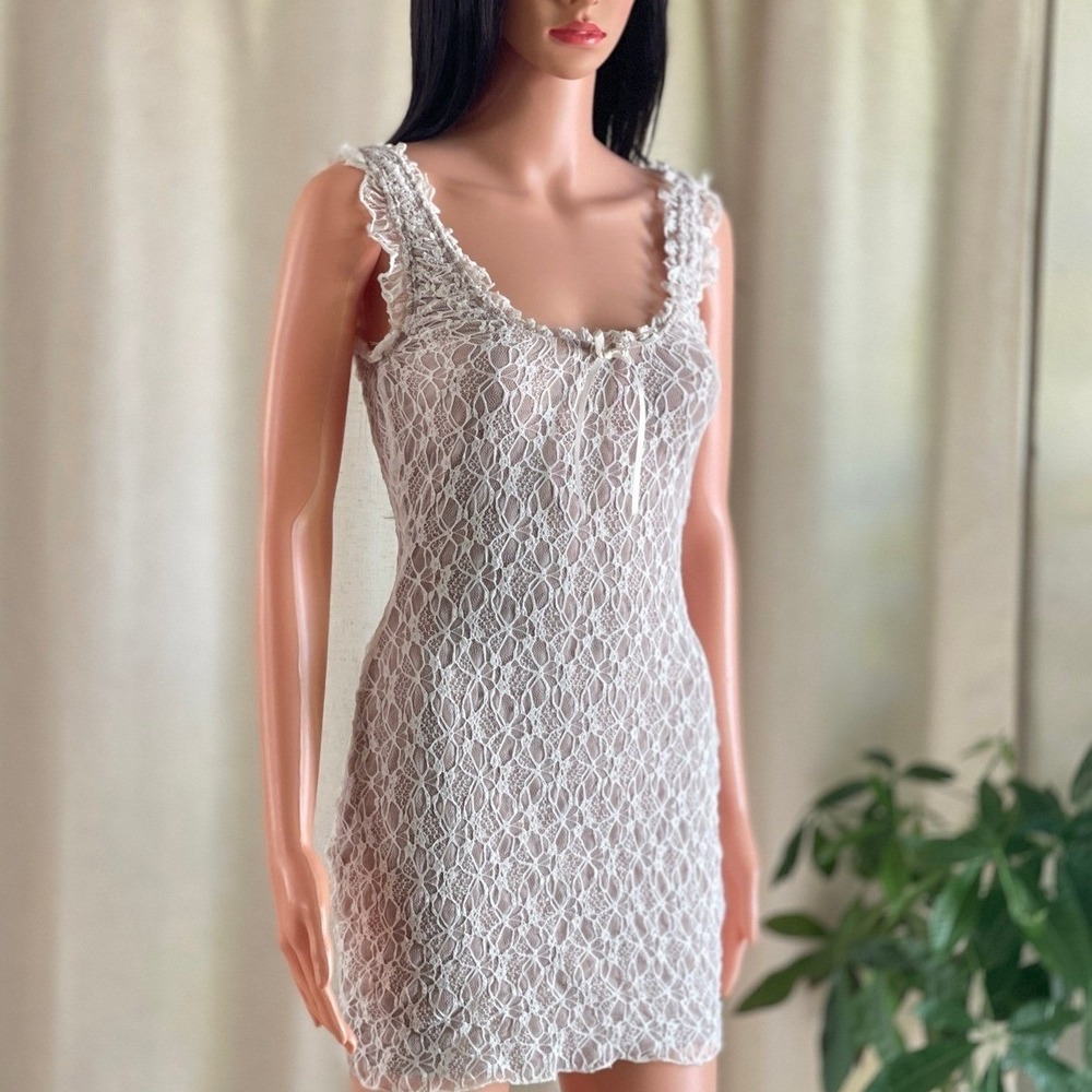 White Floral Lace Ruffle Trim Mini Dress Bodycon Coquette Balletcore‎ Romantic M